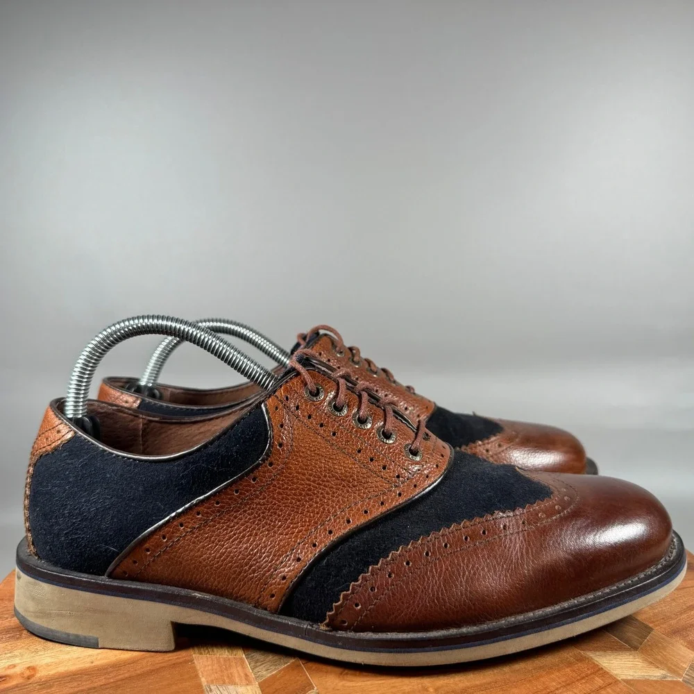 Johnston & Murphy Mens Brown Pebble Leather Navy Suede Wingtip Oxfords Size 9M